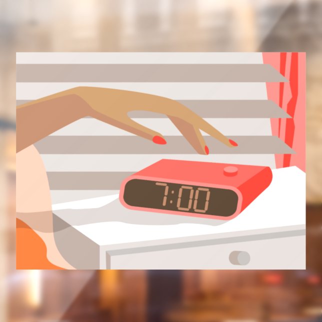 Womans hand pushing on alarm clock snooze button (Sheet 2)