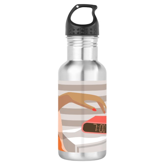 Womans hand pushing on alarm clock snooze button 532 ml water bottle (Front)