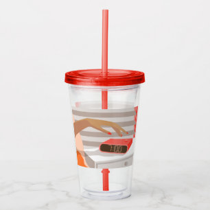 Womans hand pushing on alarm clock snooze button acrylic tumbler