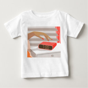 Womans hand pushing on alarm clock snooze button baby T-Shirt