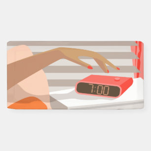 Womans hand pushing on alarm clock snooze button banner