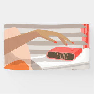 Womans hand pushing on alarm clock snooze button banner