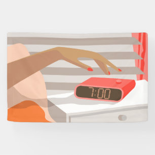 Womans hand pushing on alarm clock snooze button banner
