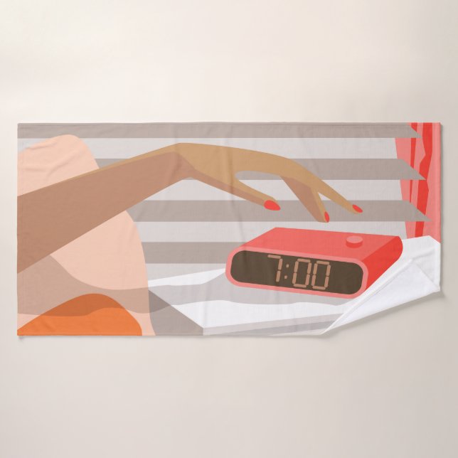 Womans hand pushing on alarm clock snooze button bath towel (Bath Towel)