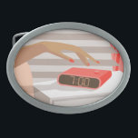 Womans hand pushing on alarm clock snooze button belt buckle<br><div class="desc">Morning composition in glamour girl bedroom interior</div>