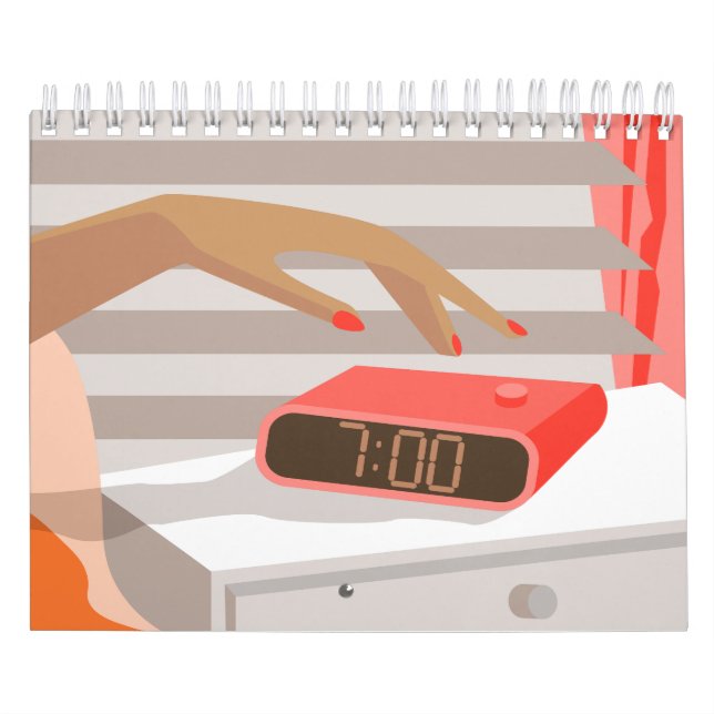 Womans hand pushing on alarm clock snooze button calendar (Cover)