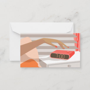 Womans hand pushing on alarm clock snooze button card