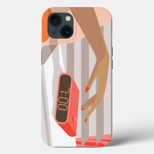 Womans hand pushing on alarm clock snooze button iPhone 13 case
