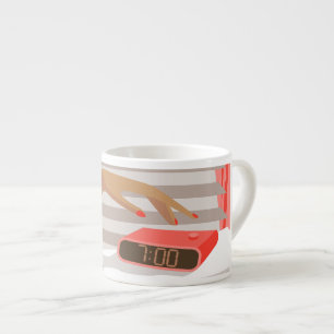 Womans hand pushing on alarm clock snooze button espresso cup