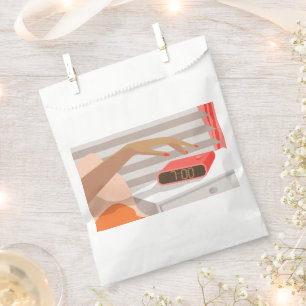 Womans hand pushing on alarm clock snooze button favour bags