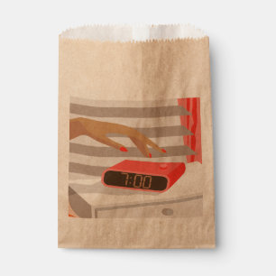 Womans hand pushing on alarm clock snooze button favour bags