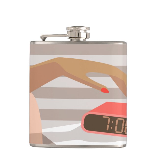 Womans hand pushing on alarm clock snooze button hip flask (Front)