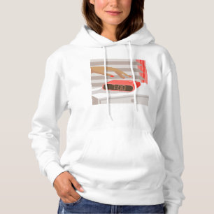 Womans hand pushing on alarm clock snooze button hoodie
