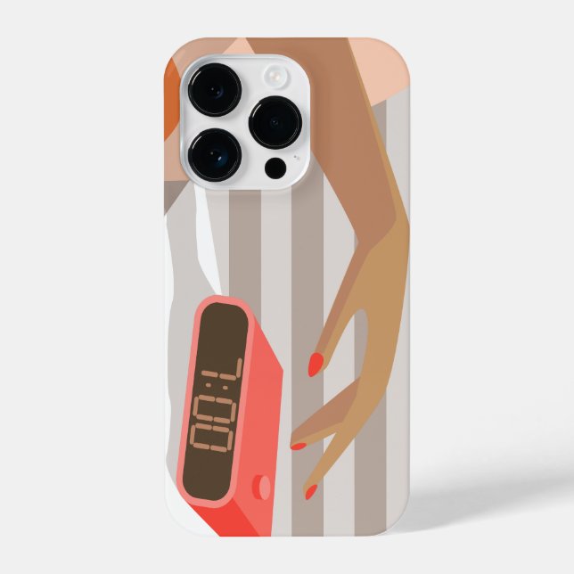 Womans hand pushing on alarm clock snooze button iPhone case (Back)