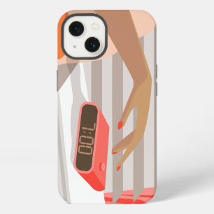 Womans hand pushing on alarm clock snooze button iPhone 13 case