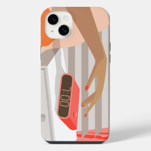 Womans hand pushing on alarm clock snooze button iPhone 14 plus case