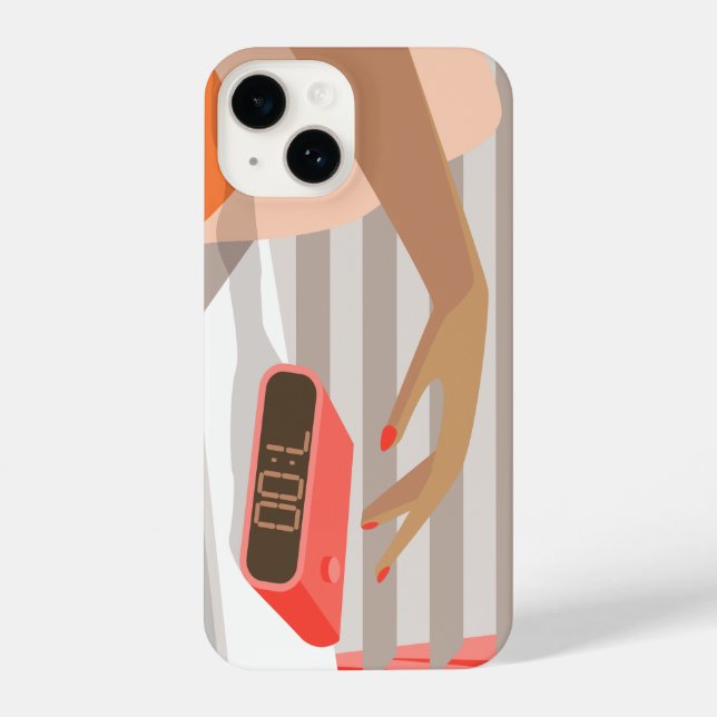 Womans hand pushing on alarm clock snooze button iPhone case (Back)