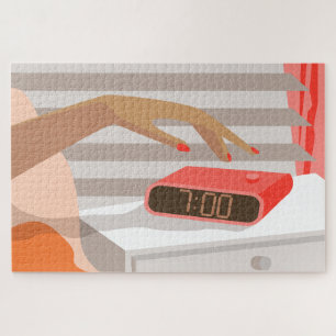 Womans hand pushing on alarm clock snooze button jigsaw puzzle