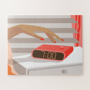 Womans hand pushing on alarm clock snooze button jigsaw puzzle
