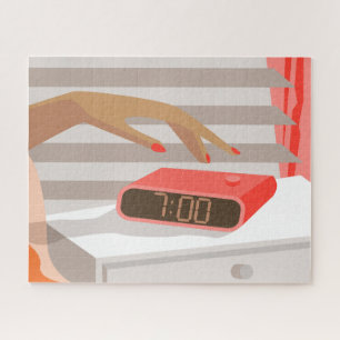 Womans hand pushing on alarm clock snooze button jigsaw puzzle