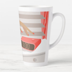 Womans hand pushing on alarm clock snooze button latte mug