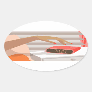 Womans hand pushing on alarm clock snooze button oval sticker