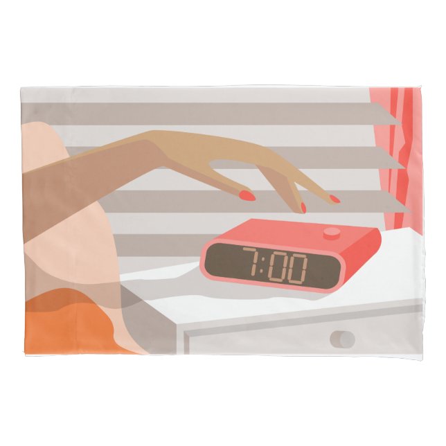 Womans hand pushing on alarm clock snooze button pillowcase (Front)