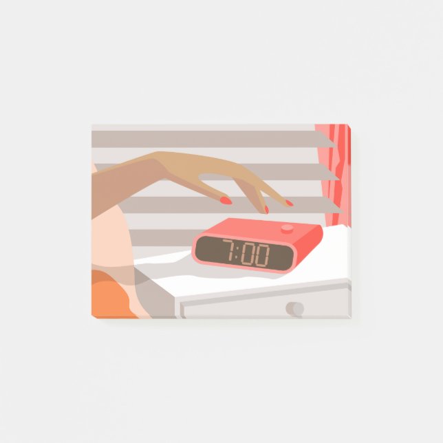 Womans hand pushing on alarm clock snooze button post-it notes (Front)