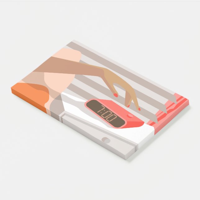 Womans hand pushing on alarm clock snooze button post-it notes (Angled)