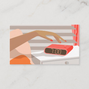 Womans hand pushing on alarm clock snooze button referral card