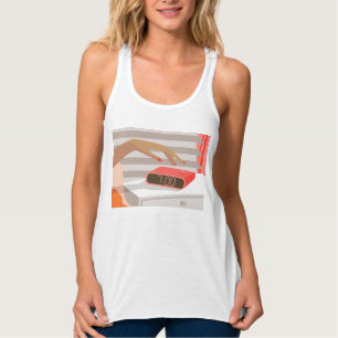 Womans hand pushing on alarm clock snooze button singlet