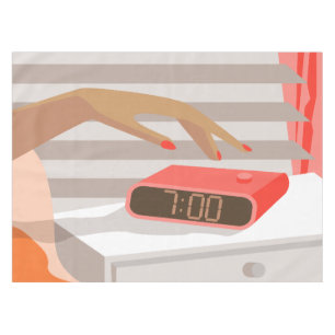 Womans hand pushing on alarm clock snooze button tablecloth