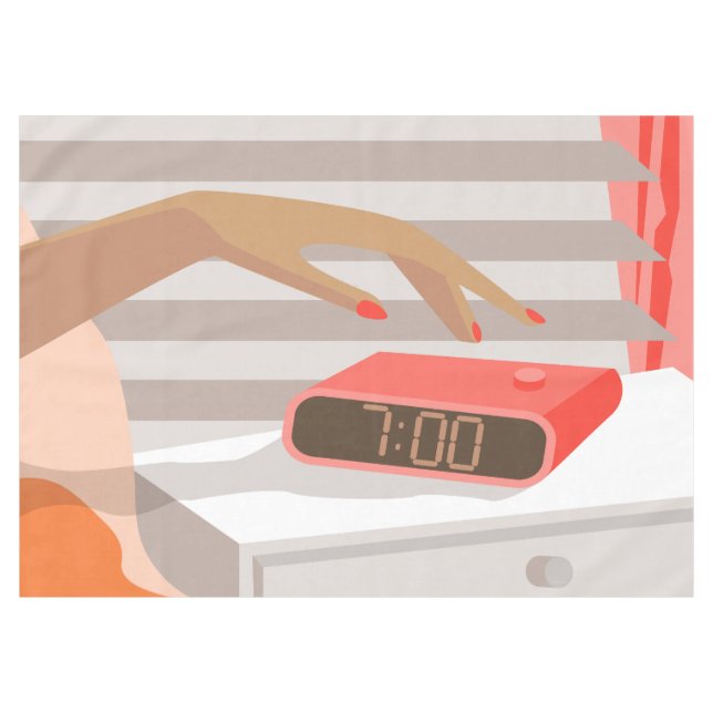 Womans hand pushing on alarm clock snooze button tablecloth (Front (Horizontal))