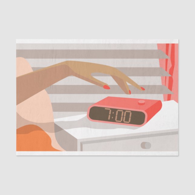Womans hand pushing on alarm clock snooze button tissue paper (Front)