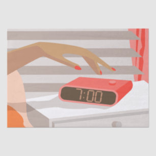 Womans hand pushing on alarm clock snooze button tissue paper