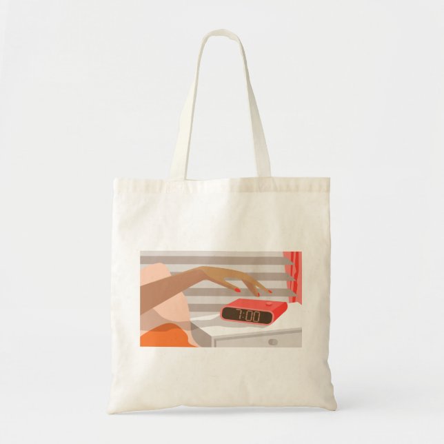 Womans hand pushing on alarm clock snooze button tote bag (Front)