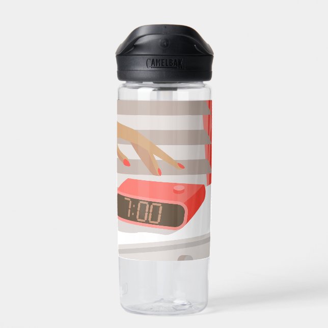 Womans hand pushing on alarm clock snooze button water bottle (Back)