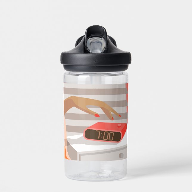 Womans hand pushing on alarm clock snooze button water bottle (Front)