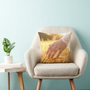 Woman's Hand Touching Wheat Tassels Cushion