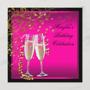 Womans Hot Pink Gold Birthday Party Invitation