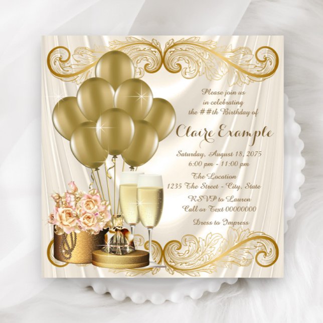 Womans Ivory and Gold Birthday Party Invitation (Beautiful ivory and gold any number birthday and event invitation. Simply add your event details.)