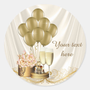 Womans Ivory and Gold Champagne Birthday Party Classic Round Sticker