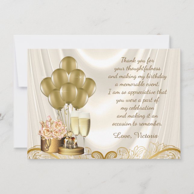 Womans Ivory Gold Birthday Party Thank You Cards (Front)