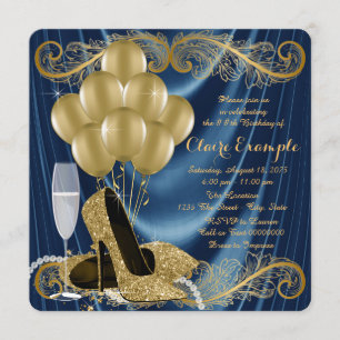 Womans Midnight Blue and Gold Birthday Party Glam Invitation