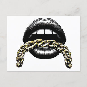 womans mouth lips with gold chain art illustration postcard