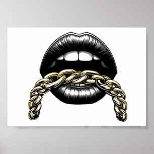 womans mouth lips with gold chain art illustration poster