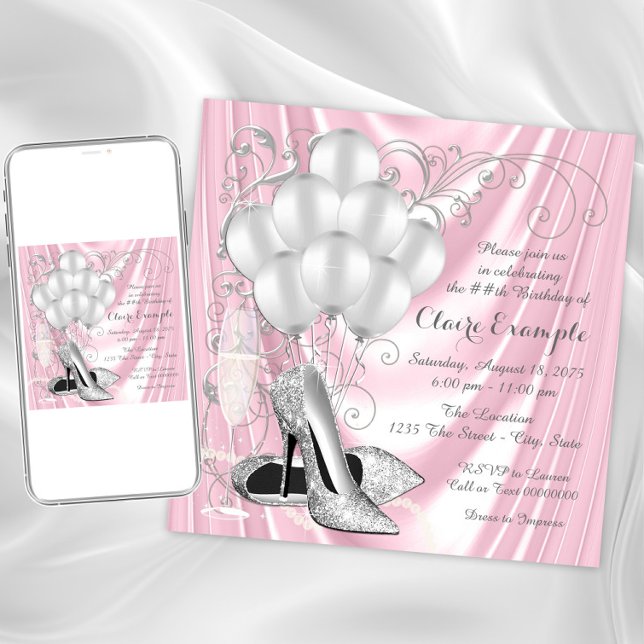 Womans Pink and Silver Birthday Party Luxe Invitation (Elegant pink and silver any occasion invitation. Instant download and printed invitations available.)