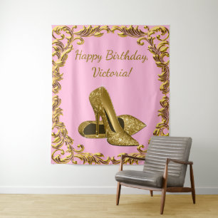 Womans Pink Gold High Heel Birthday L Backdrop Tapestry