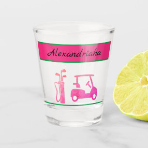 Woman's Pink Golf Cart Clubs Golfer Name Shot Glass