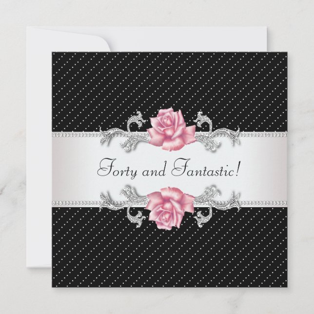 Womans Pink Rose Black Polka Dot 40th Birthday Invitation (Front)